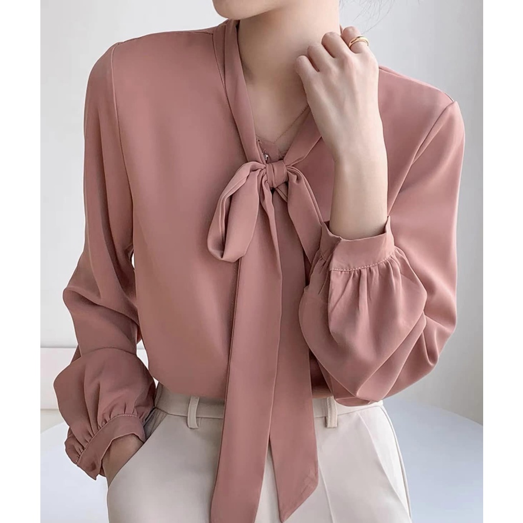 Áo Sơ Mi trung niên nữ HT official,Áo Sơ Mi Nữ Đẹp Tay Dài Cổ Thắt Nơ Chất Lụa Cao Cấp