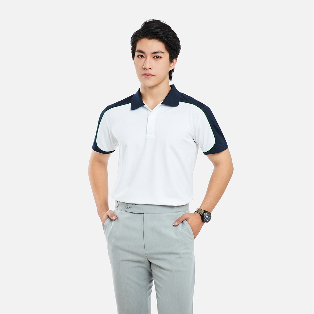 PO008-3 Áo Polo Nam DOCAS Vải Cotton CMC Màu Trắng Cổ Vai Phối Xanh Đen Phom Regular Fit