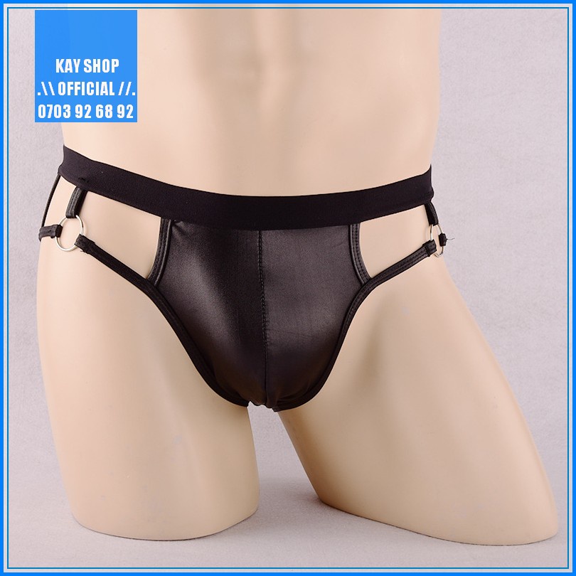 Quần lót jockstrap nam dây giả da sexy khoen ôm mông căng tròn gợi cảm - Quần sịp nam màu đen Freesize trơn bóng