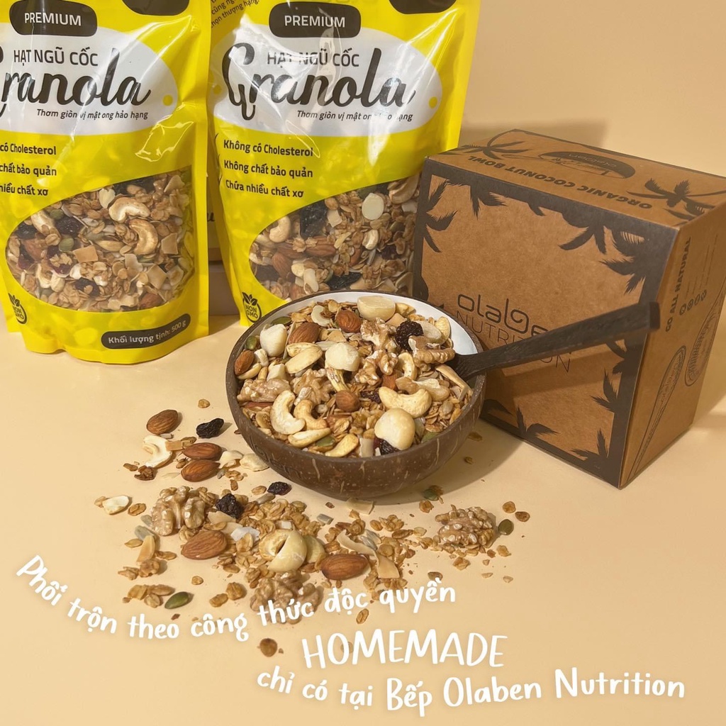 Combo 2 túi Hạt Granola 500g TẶNG 1 bát gáo dừa Olaben Nutrition Ngũ cốc giảm cân nướng Mật ong Vanila