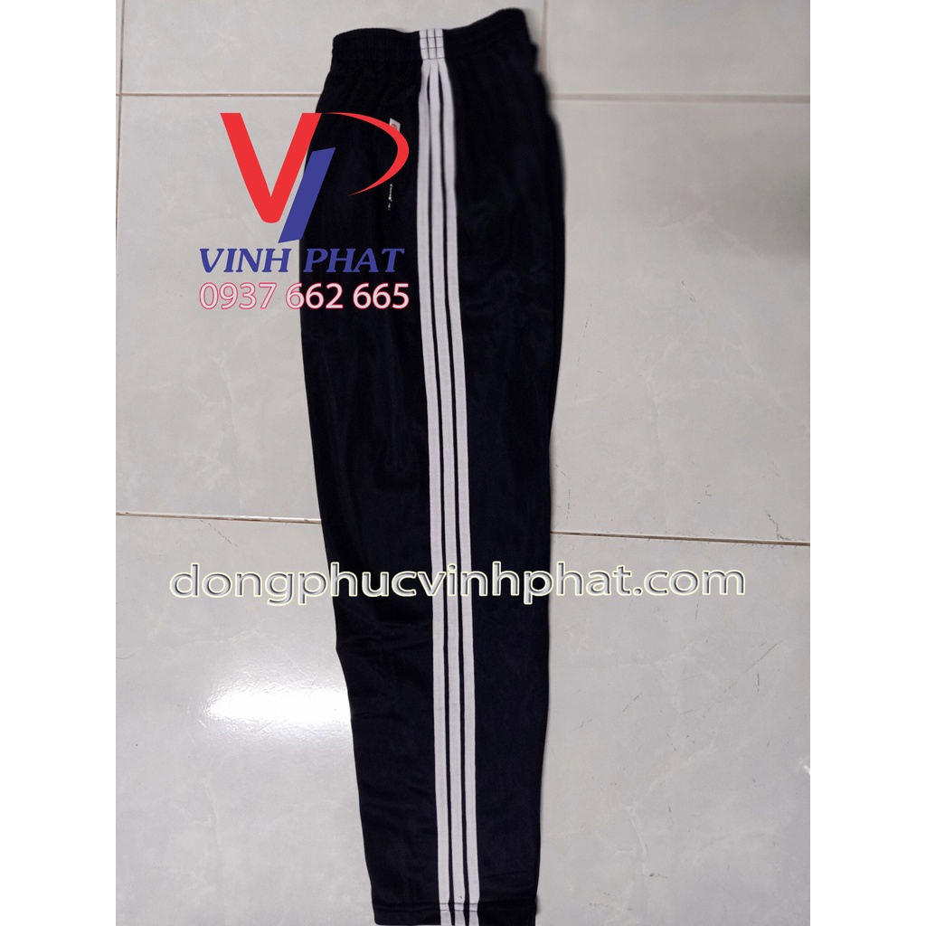 Quần thể dục học sinh 3 sọc màu xanh đen vải bóng cào đầy đủ size các cấp 2 túi dây kéo hàng sẵn