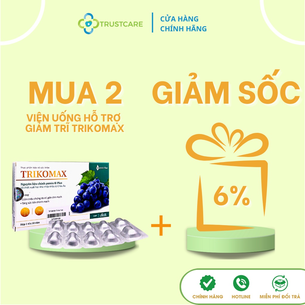 Trikomax, giúp giãn tĩnh mạch, giảm các triệu chứng bệnh trĩ, co búi trĩ - Hộp 20 viên - Trustcare