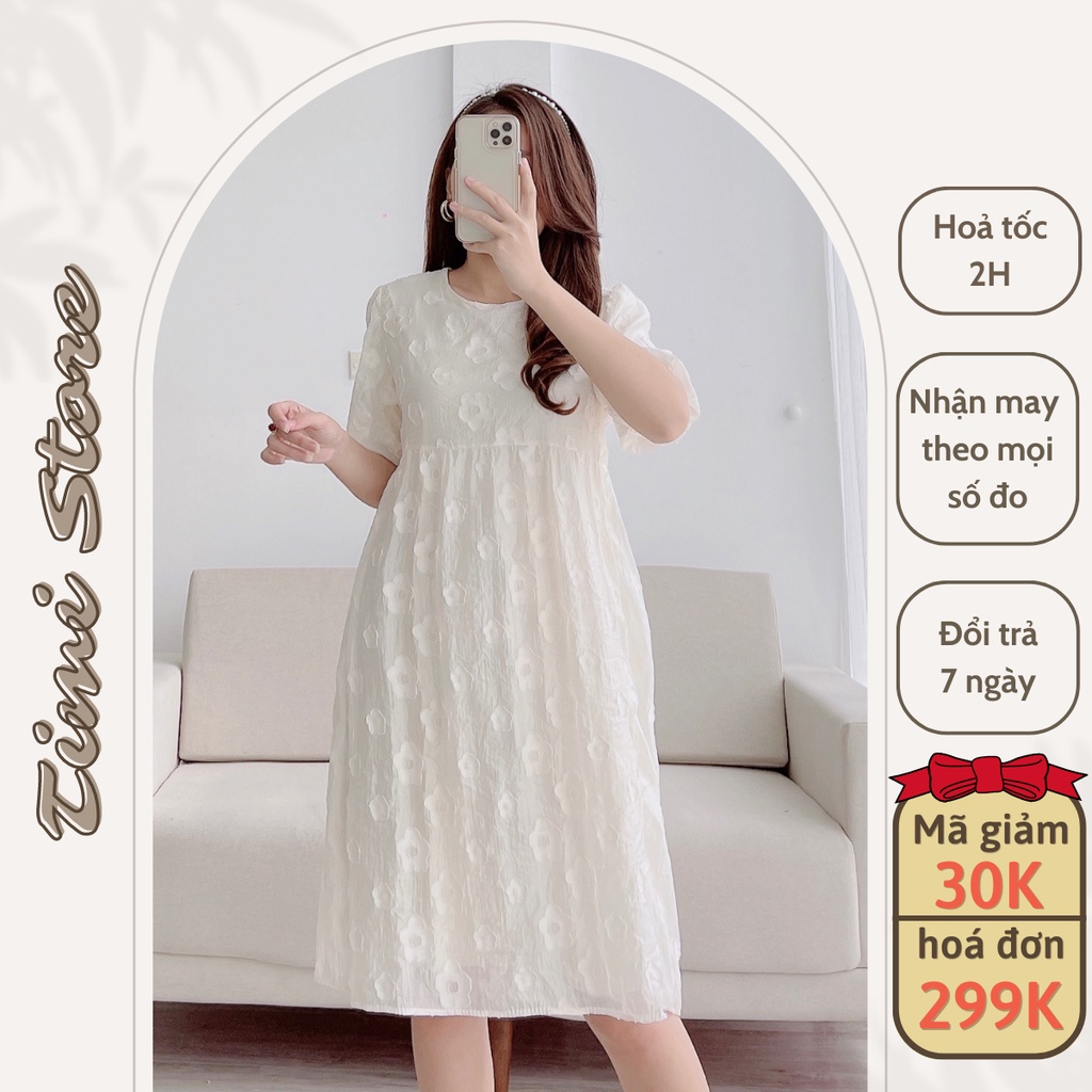 Đầm Bầu Thiết Kế-Váy Suông TiMi 2 màu be, xanh dáng babydoll tay bo chất đũi tơ hoa nổi 2 lớp_TM056