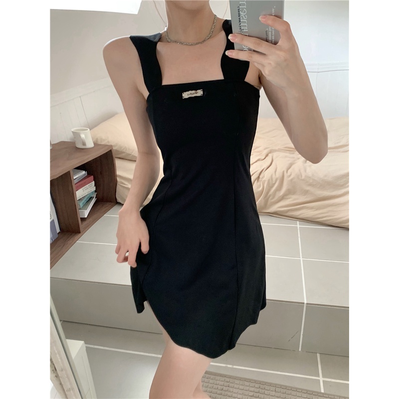 Lalisas Đầm Hai Dây Ôm Eo Màu Đen Thời Trang Mùa Hè Pháp