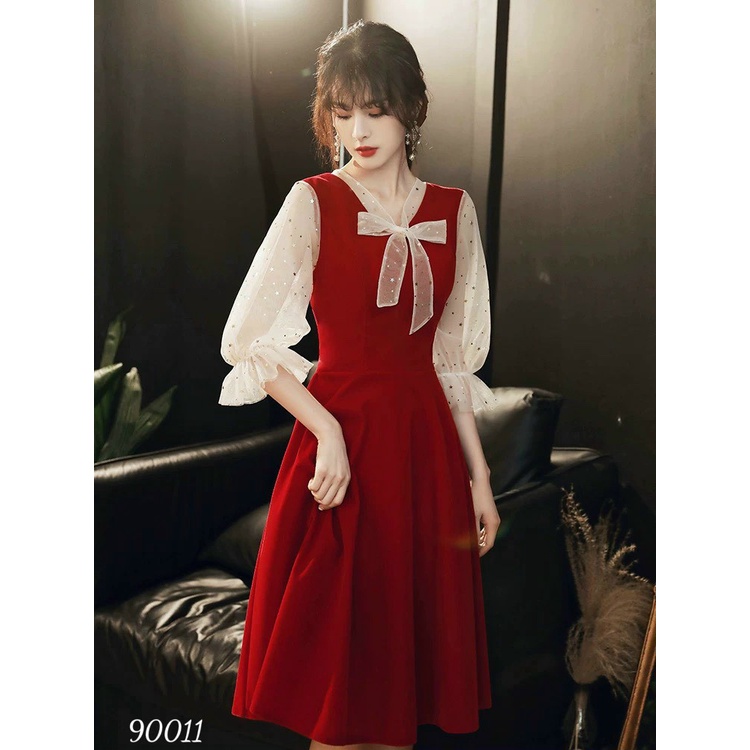 Váy dự tiệc bigisze 57-70kg màu đỏ dáng xòe tay lỡ phối kim tuyến thắt nơ, váy công sở bigsize màu đỏ tay lỡ Linhnastore