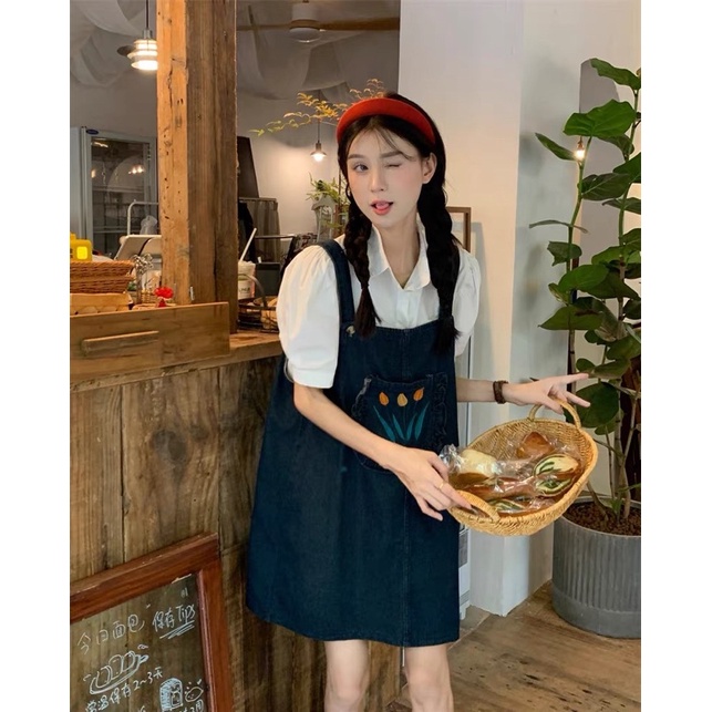 Od Yếm váy 2 dây chất denim dáng dài và ngắn hoạ tiết túi hoa tuylip mẫu mới