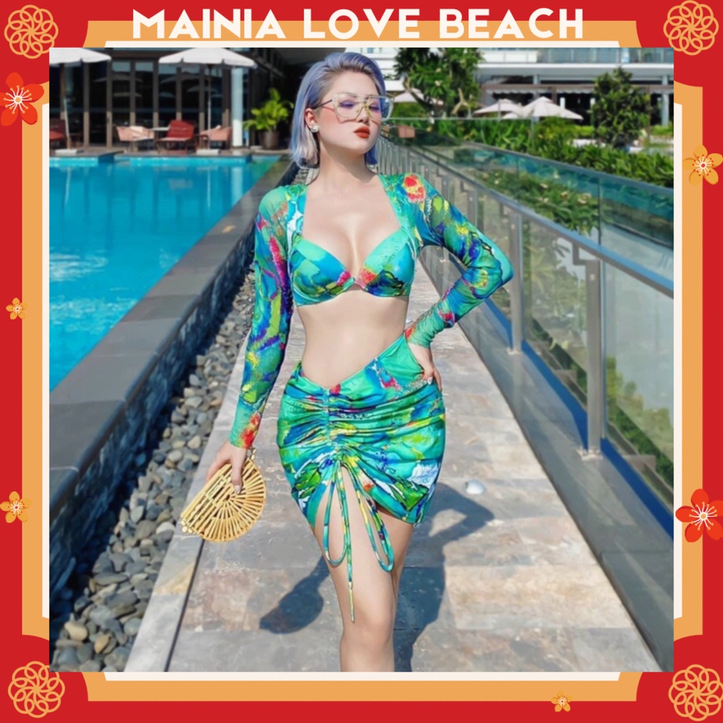 ĐỒ BƠI ĐI BIỂN, SÉT 3 MÓN BIKINI ÁO TAY DÀI CÚP NGỰC VÁY RÚT HÔNG Loang Xanh Mainia Love Beach BKN001