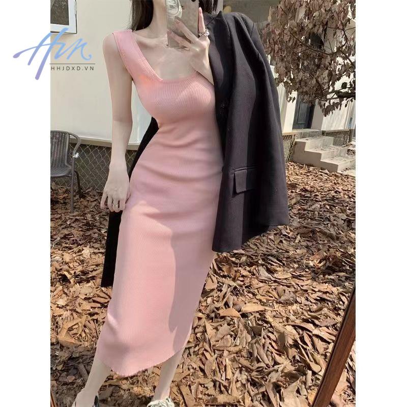 Đầm Hai Dây Dệt Kim Dáng Dài Màu Trơn Phong Cách Hong Kong Thời Trang Mùa Hè 2022 Cho Nữ