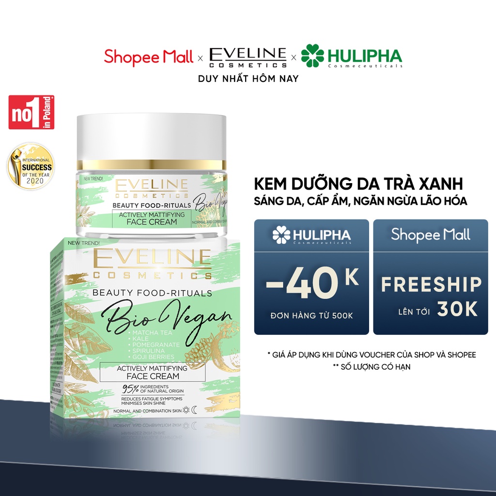 Kem Dưỡng Da Trà Xanh Bio Vegan EVELINE Chiết Suất Thực Vật Làm Giảm Quá Trình Lão Hóa Da Hũ 50ml