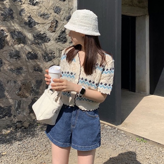 Áo cardigan LANJIEXI dệt kim tay ngắn cổ chữ V màu tương phản thời trang