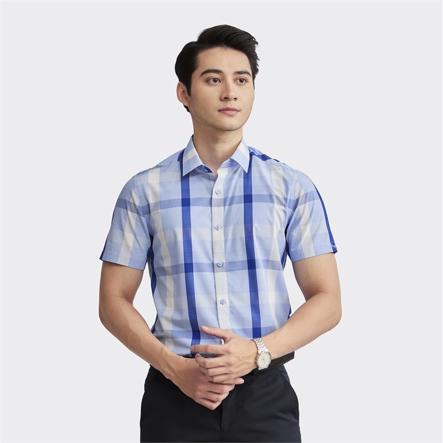 [MẪU MỚI] Áo sơ mi nam ngắn tay ARISTINO họa tiết kẻ caro xanh sắc nét và ấn tượng - ASS207S2