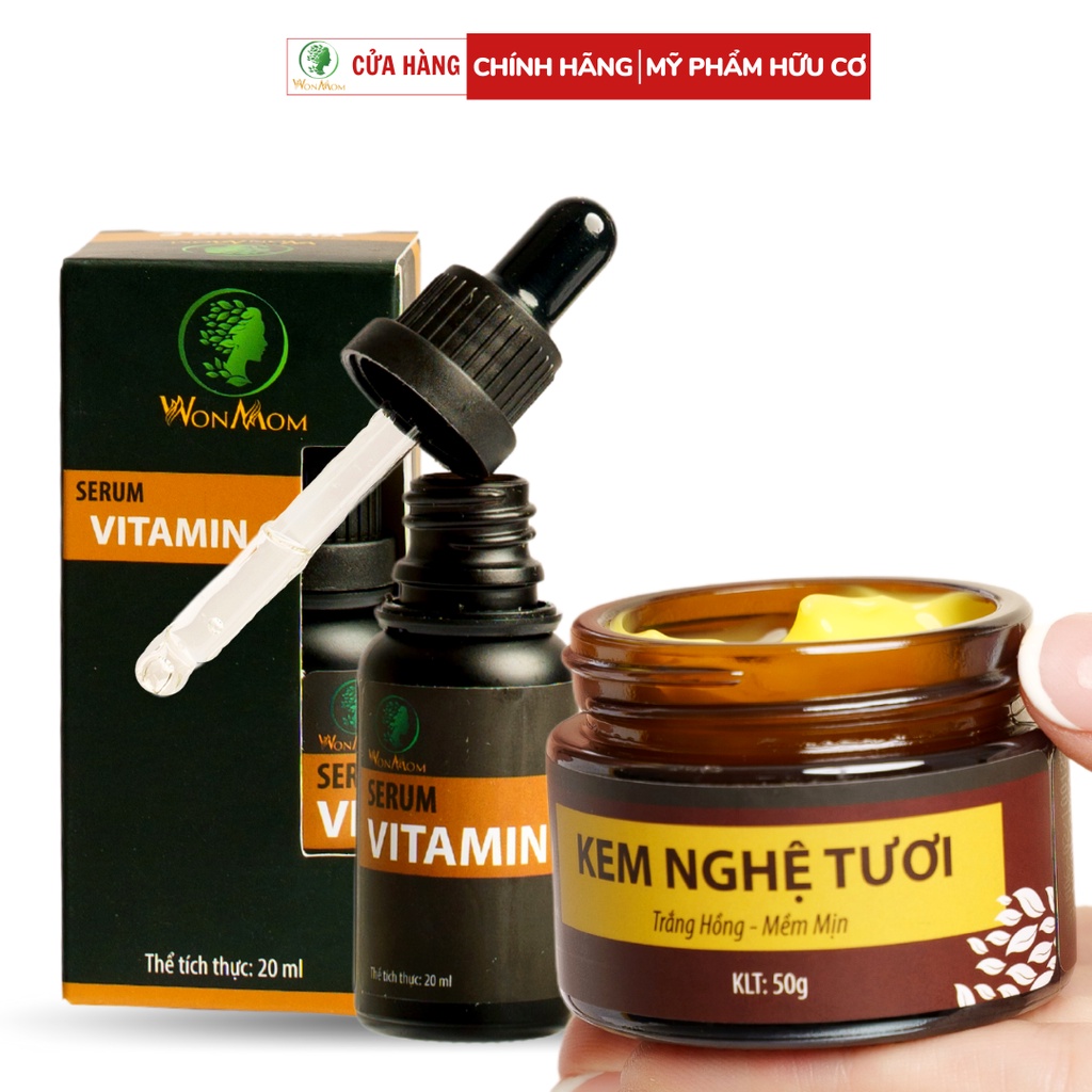 Combo dưỡng da trắng hồng, trắng mịn da mặt Wonmom ( 1 serum vitamin C + 1 kem nghệ tươi )