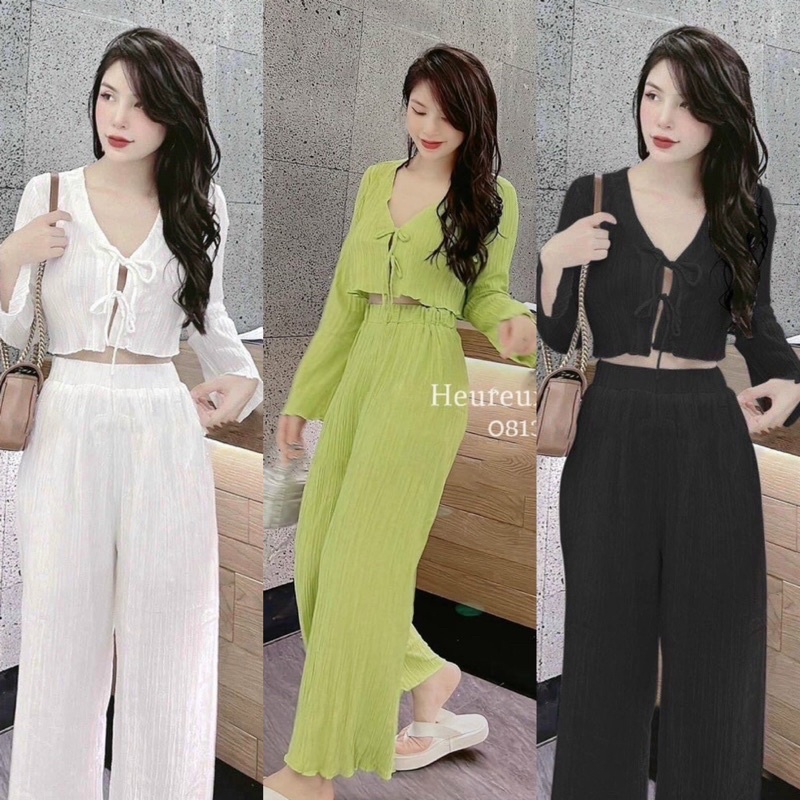 Set Bộ Thun Xốp Nhăn Thắt Cột Nơ Ngực Kèm Quần Xuông