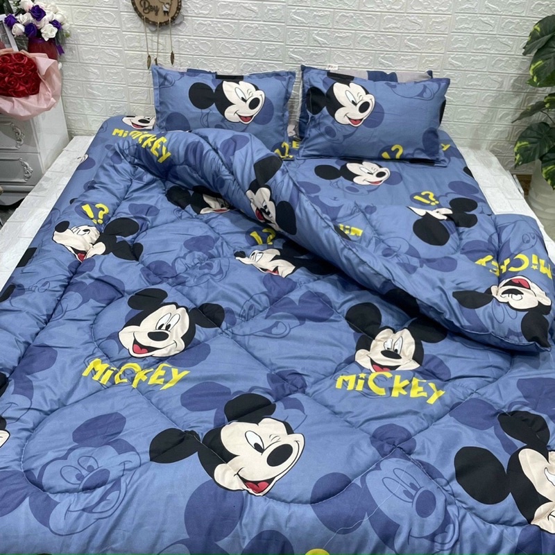 Bộ chăn ga gối 5 món Mickey xanh( đệm trên 10cm lấy lên 1 size)
