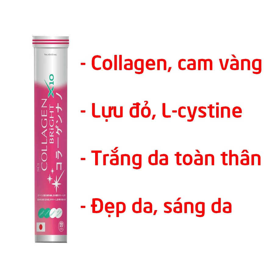 Sủi Collagen bright x10 nhung hươu, lựu đỏ, cam vàng giúp trắng sáng da toàn thân, mịn màng - 20 viên
