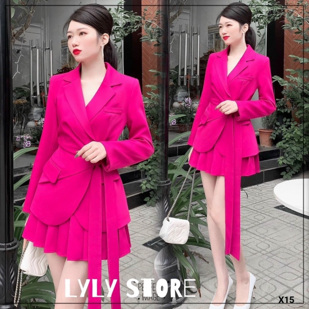Set đồ nữ đi dự tiệc xinh xắn với chân váy xếp ly dễ thương kèm áo kiểu nữ cổ vest có túi có dây nịt eo cực đẹp
