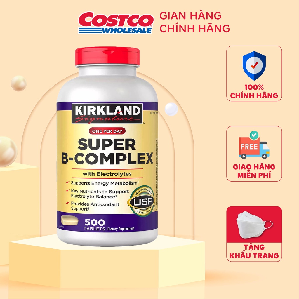 Viên uống bổ sung Vitamin B tổng hợp Super B-Complex Kirkland Signature tăng cường hệ miễn dịch 500 viên của Mỹ
