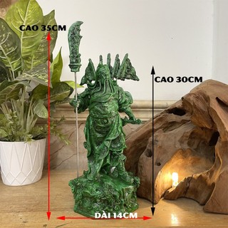 [Tượng Quan Công] Tượng đá trang trí phong thủy Quan Công cầm đao ngũ kỳ ngũ long - Chiều cao 30cm - Xanh lục bích