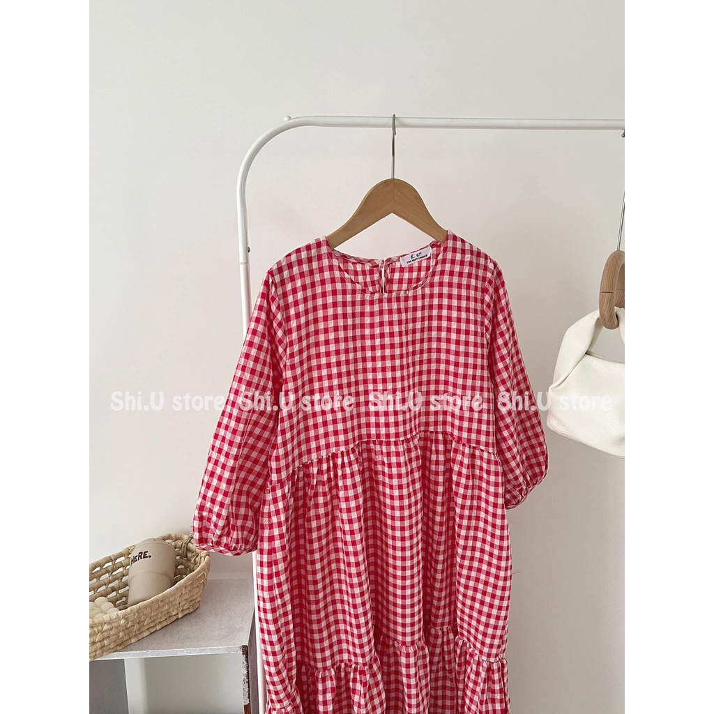 Váy babydoll tay bồng kẻ sọc caro xếp ly dáng dài cúc lưng dây buộc eo vintage phong cách Hàn Quốc