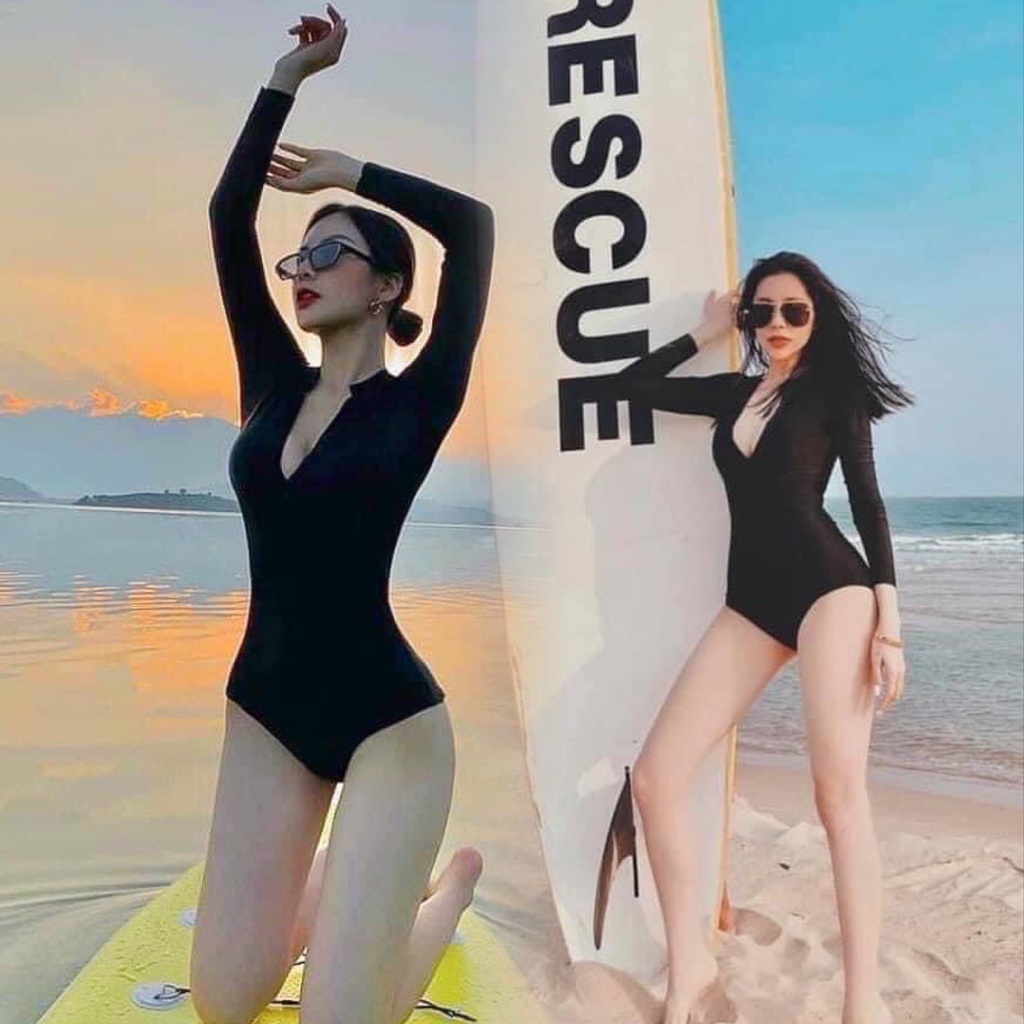 Bikini nữ dài tay khóa kéo Đồ bơi nữ cộc tay quần đùi kín đáo