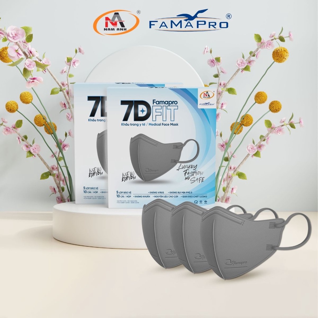 Famapro 7D FIT Combo 5 hộp Khẩu trang y tế cao cấp kháng khuẩn 5 lớp (10 cái/ hộp)