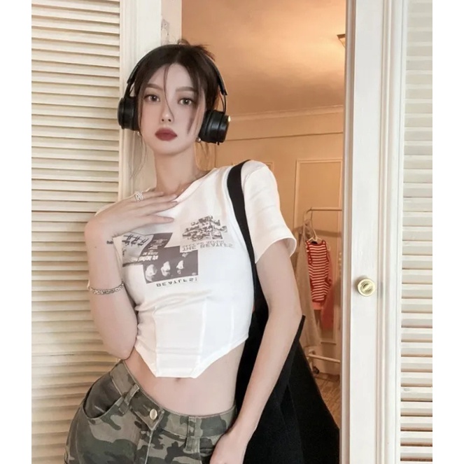 Áo Thun Dáng Ngắn Form Ôm Phong Cách retro Mỹ