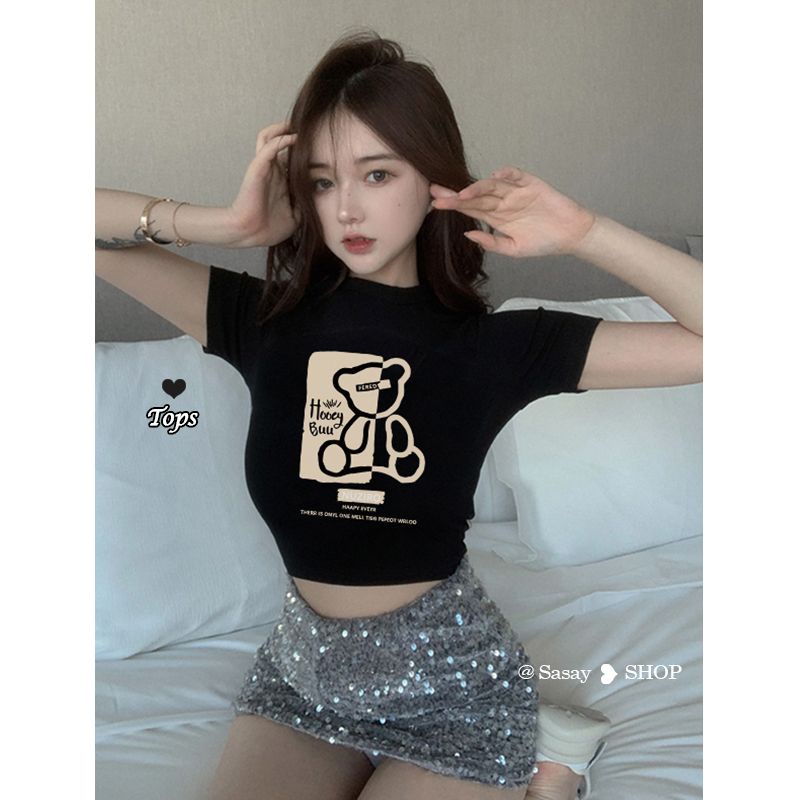 Áo thun croptop QADCOL tay ngắn in họa tiết gấu thời trang cho nữ