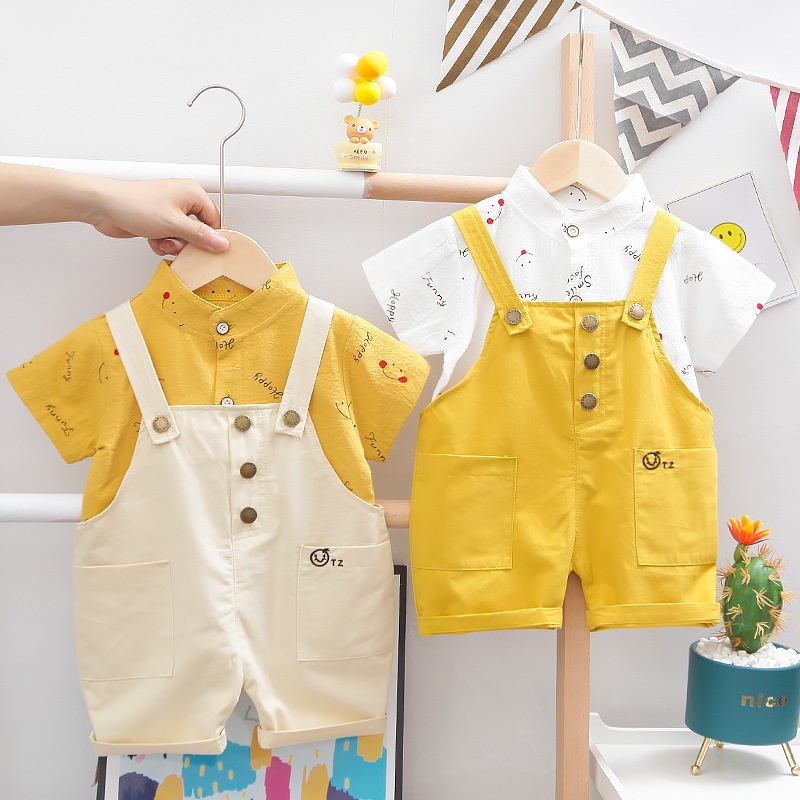 Set / Bộ quần yếm vá áo sơ mi cổ tàu cho bé trai từ 8 tháng - 3 tuổi