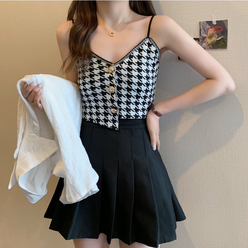 LANJIEXI Áo kiểu hai dây dệt kim dáng ngắn cài nút thời trang