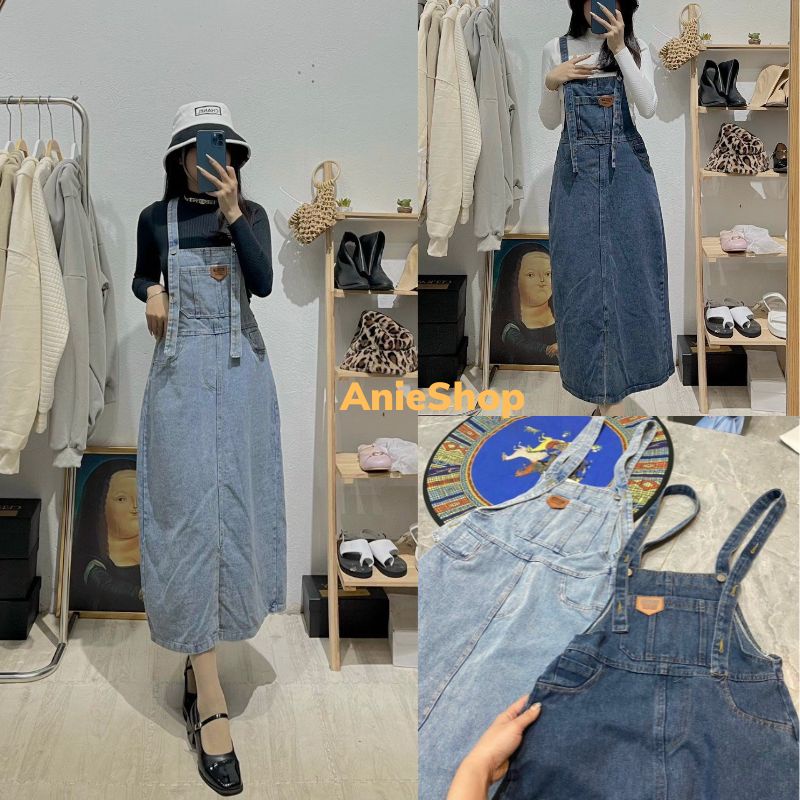 Váy yếm jean dáng dài logo ngực ,yếm bò nữ dáng dài xẻ tà trước ANIESHOP688 về 2 mầu phong cách ulzzang hàn quốc