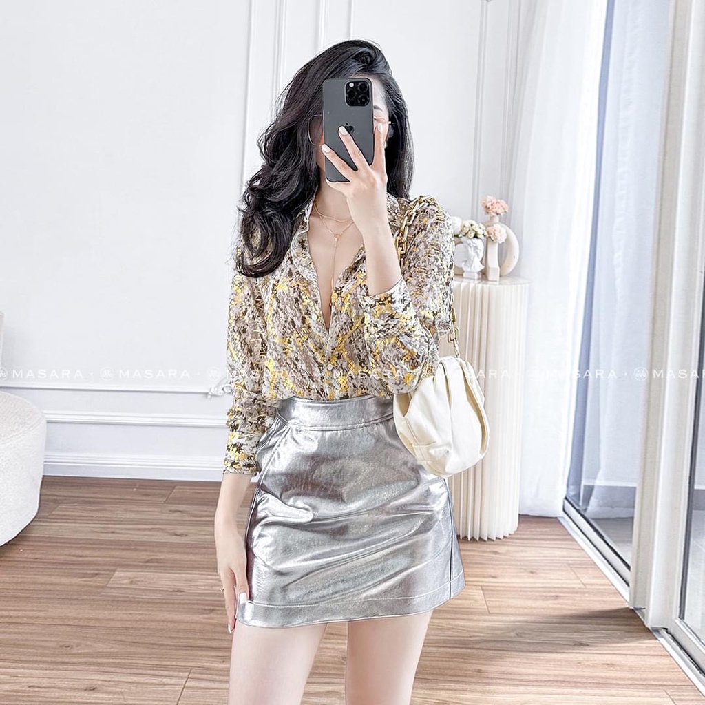 Áo Sơ Mi Nữ Dài Tay Vải Lụa Tơ Kim Tuyến Da Rắn Vàng Óng, Nhập Khẩu Hàn Quốc
