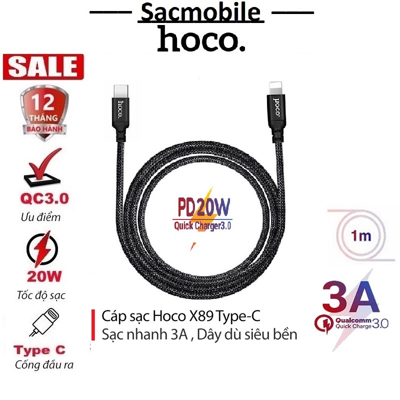 Cáp sạc nhanh 60W Hoco X89 Type-C to Type-C dây dù hợp kim nhôm siêu bền dài 1M bảo hành 12 tháng