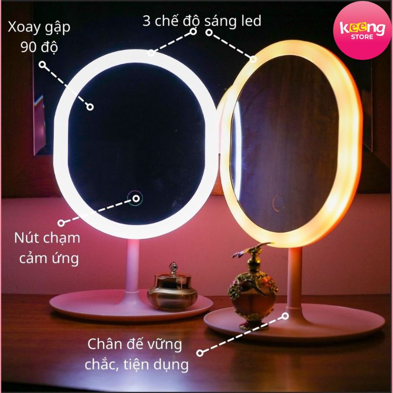 Gương Để Bàn Trang Điểm Led Cảm Ứng 3 Chế Độ Ánh Sáng Keengstore [TẶNG KÈM DÂY SẠC]