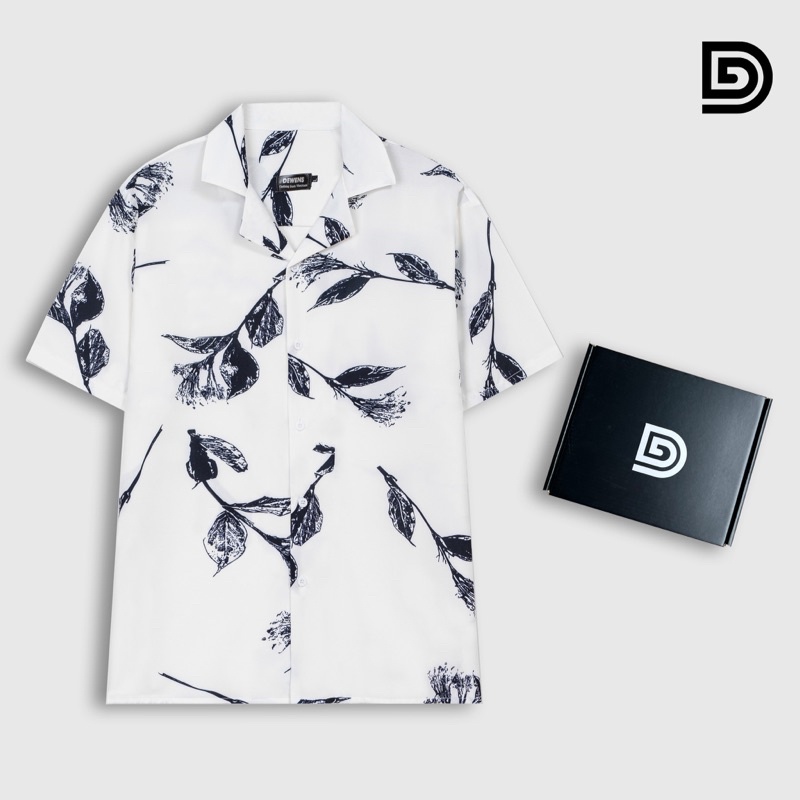 Áo sơ mi nam ngắn tay DEWE, vải lụa nhập khẩu chống nhăn thoáng mát, họa tiết Lá Đen - DEWE Cuban Shirt