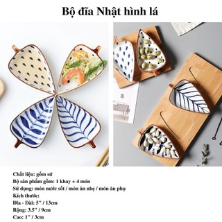 Bộ 4 đĩa gốm Nhật hình lá kèm khay