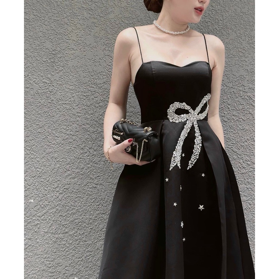 Đầm váy nữ 2 dây tapta ( có mút ngực ) dáng xòe quý phái họa tiết đính nơ kim tuyến dễ thương đi chơi dự tiệc