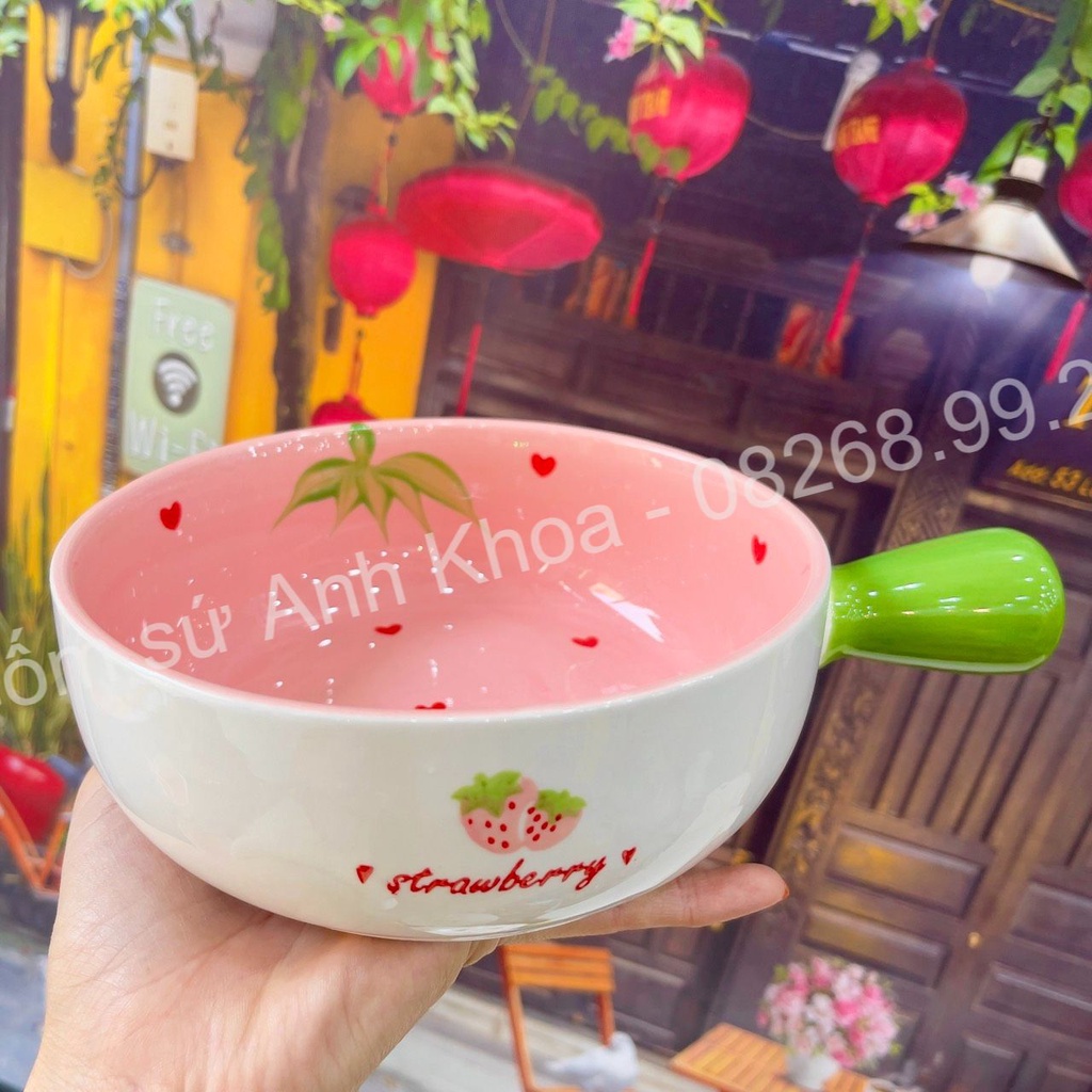 Bát Đĩa Gốm Sứ Decor, Bát Ăn Cơm, Bát Ăn Chè, Chén Dĩa Dễ Thương Sét Dâu Hồng 7 Món Xinh Yêu Gomsudecor21