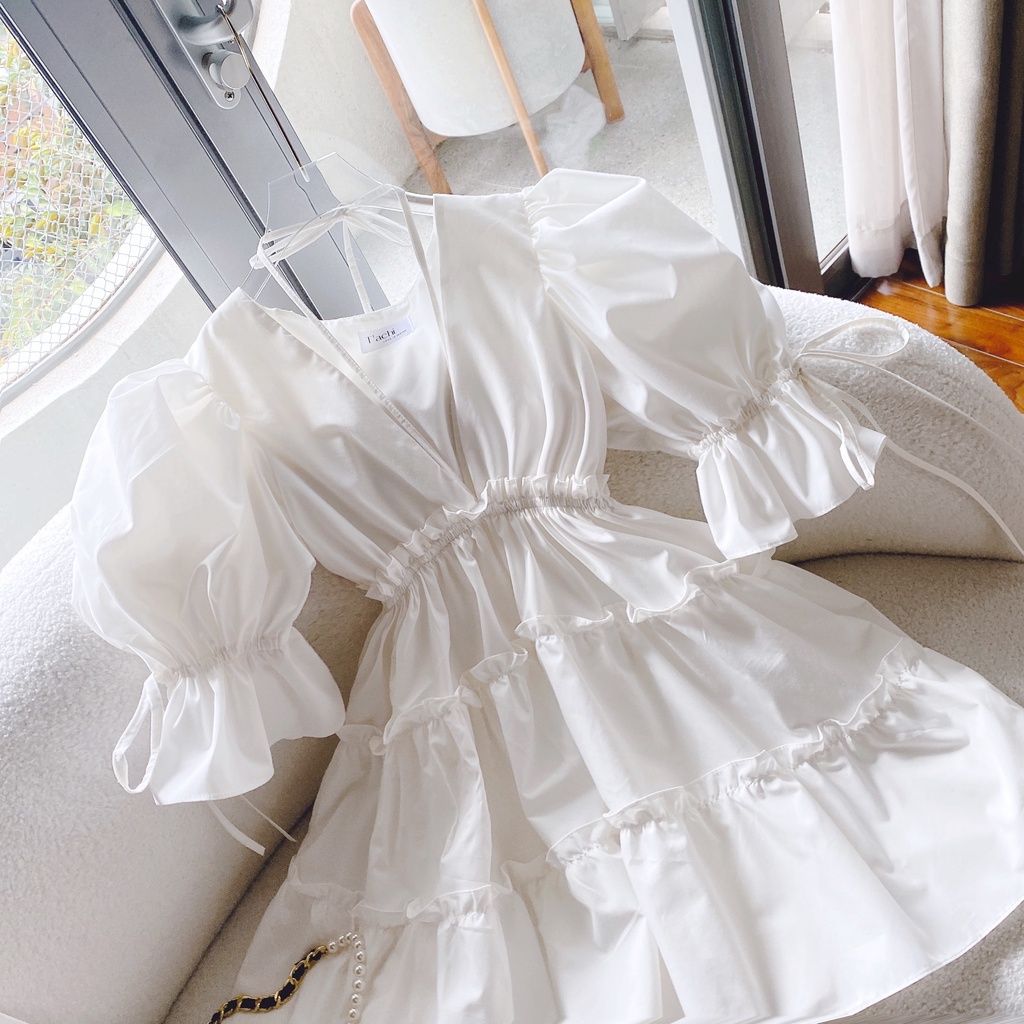 ĐẦM BBD CỔ V XÒE TRẮNG TAY BO BÈO (TH)