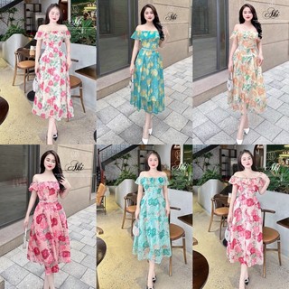 Đầm hoa tơ 2 lớp mặc 2 kiểu trễ vai hoặc cổ tròn thiết kế