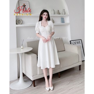 Váy nữ dự tiệc màu trắng tay bồng cổ ngọc chất umi mềm mát co giãn nhẹ 2 lớp mang phong cách hàn quốc