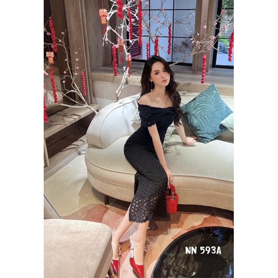 Váy body ren nhung trễ vai nơ ngực dáng dài siêu xinh