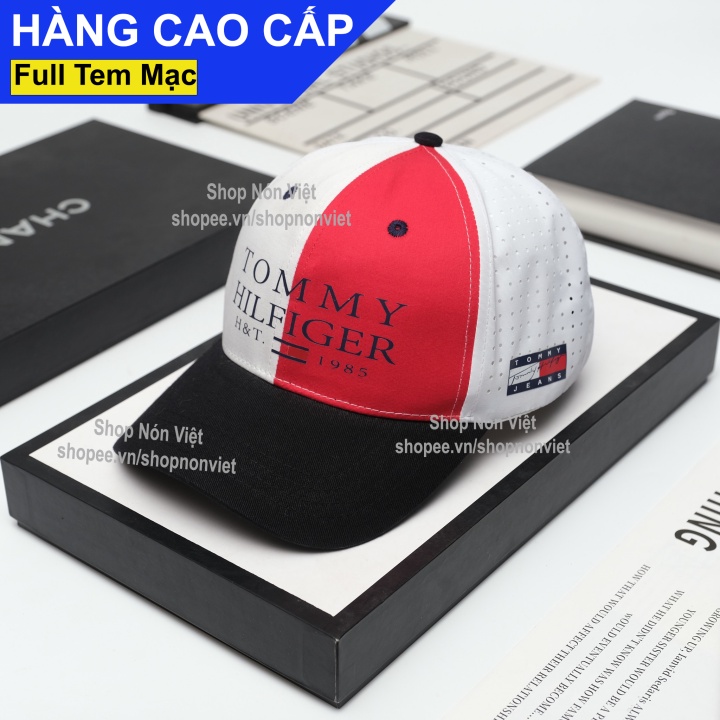 Mũ Lưỡi Trai Nón Kết TOMMY Thể Thao Logo In Nổi Mặt Trước Trắng Đỏ Vải Kaki Gió Phối Vải Lưới Trắng Form Đứng Thời