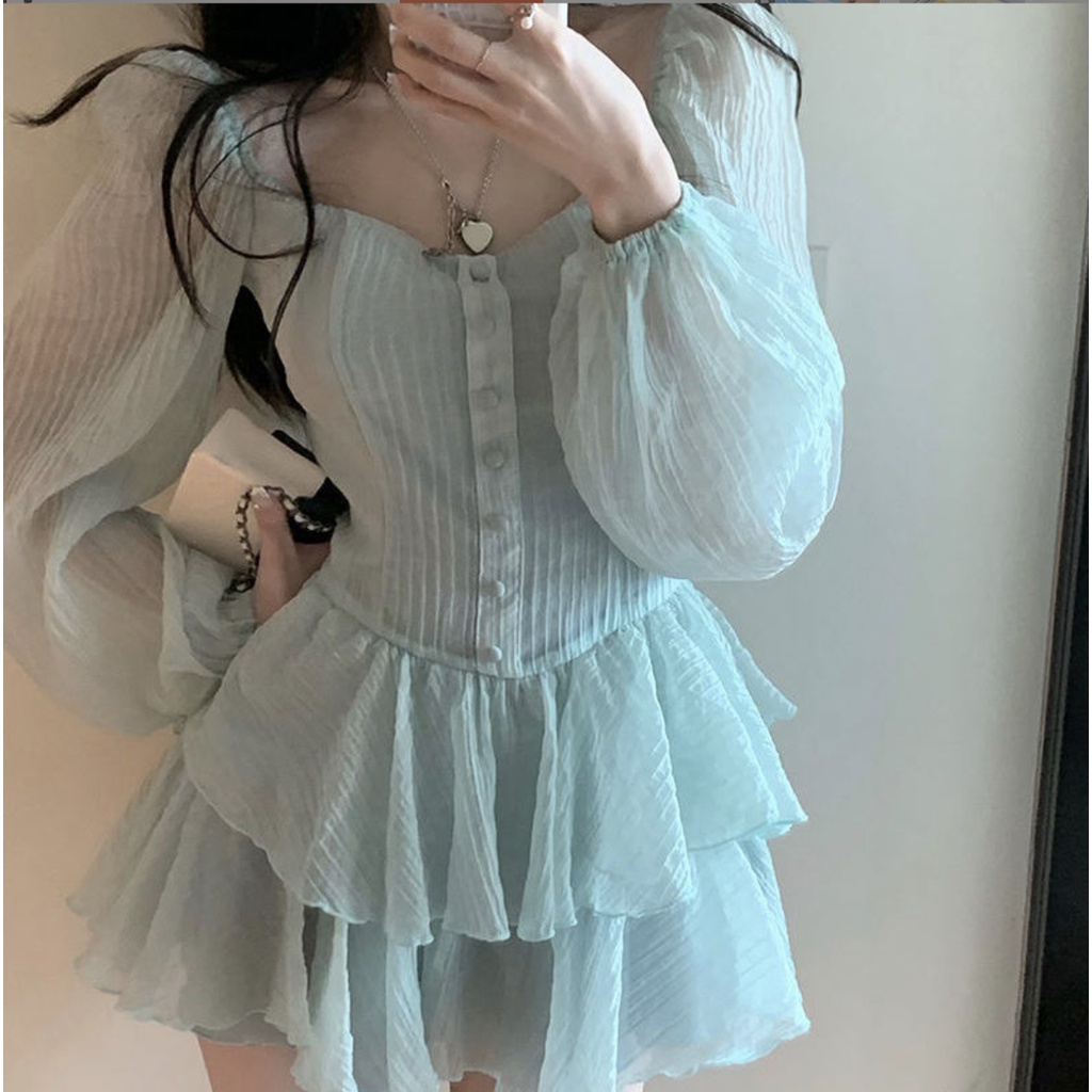 Váy babydoll đầm nữ L66 tay dài phồng trễ vai dáng a ngắn xòe ulzzang hàn quốc công chúa tiểu thư dự tiệc  V14