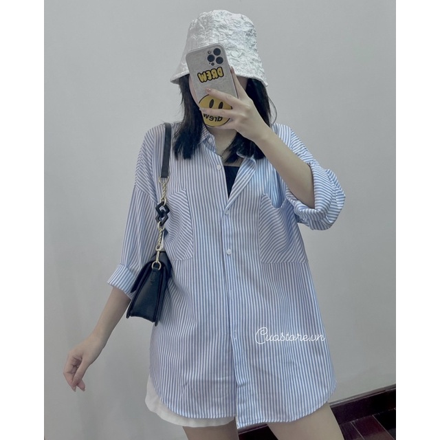 Áo sơmi kẻ sọc dài tay dáng unisex chất cotton hàng chuẩn l1