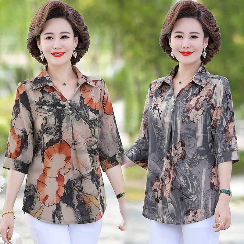 Mẹ trung niên mặc áo phông ba phần tư mùa hè 40 tuổi và 50 áo sơ mi trung niên có ve áo