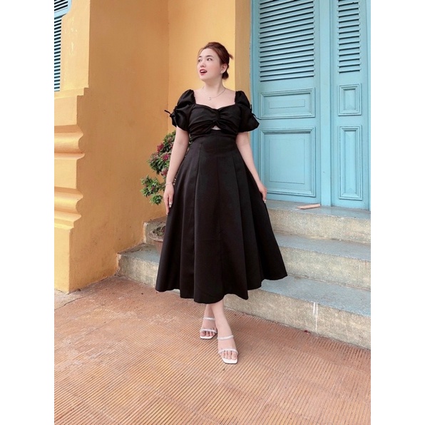 Đầm xoè dự tiệc cổ U kết ngọc tay ngắn phồng - bigsize M/L/XL/2XL - MS03L