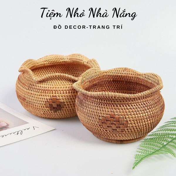 Cơi hoa decor trang trí mây tre đan tự nhiên, Giỏ đựng hoa quả mây tre đan