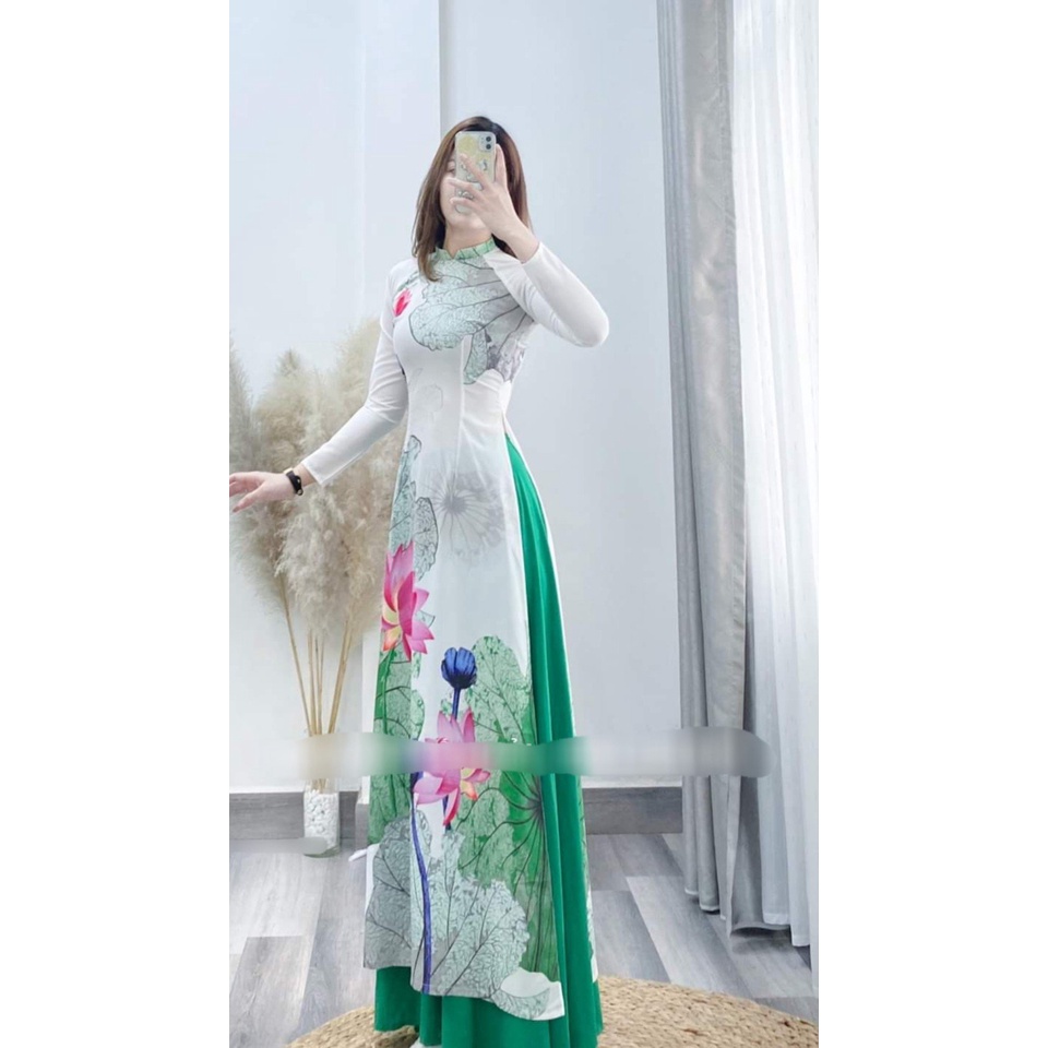 Áo dài nữ trắng lụa Nhật MINH KHANG in 6D may sẵn in hình hoa sen quần màu xanh lá phong cách thời trang sang trọng