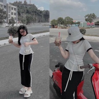 Set bộ Mix Áo Ngắn Tay Phối Viền Ôm Body Mix Quần Ống Suông Rộng Dây Rút To Freesize