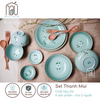 [CÓ SẴN]Bộ sản phẩm bát đĩa sứ Thanh Mai họa tiết cành mai trên chất liệu men ngọc phù hợp làm quà tặng tân gia quà cưới